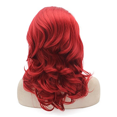 Miniatura 4 de Mxangel Peluca de cabello sintético rojo ondulado medio largo con encaje frontal para cosplay