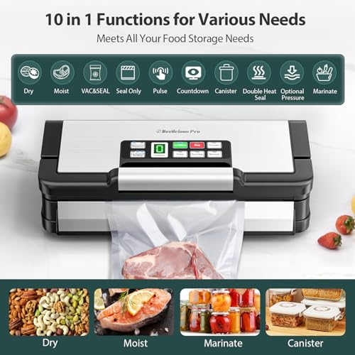 90Kpa Powerful Vacuum Sealer, with 10-in-1 Functions,Double Seal & Double Pump,Built-in Cutter&Hose,Handle-Ease Design, Vacuum Sealer Machine for Food with Bags Storage, Stainless Steel