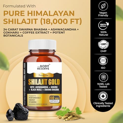 Image of The Body Reserve Shilajit Gold Capsules For Men Himalayan Shilajeet With 24 Carat Gold, Gokshura, Ashwagandha, Kali Musli & Other Herbs For Stamina, Muscle Growth & Energy Ayurvedic 60 Veg Capsules
