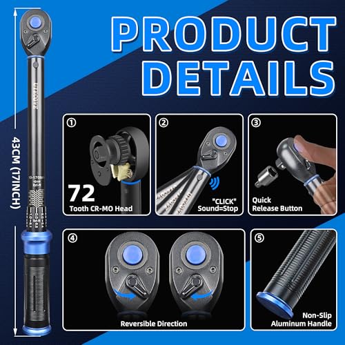 Image of 1 /2-Inch Drive Click Torque Wrench, Dual-Direction Click Professional Torque Wrench 10-170FT.LB /13.6-230.5N.M, Dual Range Scales Graduated in FT.LB and N.M, Blue