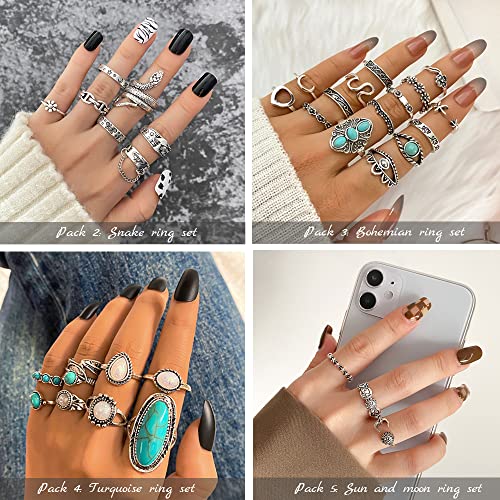 Kisswife 36Pcs Vintage Silver Knuckle Rings Set For Women Girls, Western Jewelry, Aesthetic Rings, Bohemian Midi Ring Bulk, Turquoise Retro Stone Crystal Stackable Joint Finger Ring Pack, Gift For Her (Turquoise) #TOP2