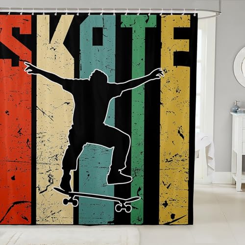 Image of Skateboard Bath Curtain Hipster Decor Cloth Fabric Bathroom Decor for Kids Boys Girls Teens Skate Board Shower Curtain Extreme Sports Shower Curtains Set with Hooks Grunge Design Room Decor 72x84 Inch