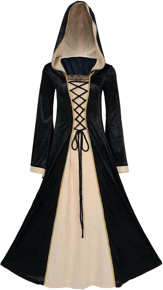 Oiefeen Women's Medieval Renaissance Clothing Hooded Velvet Queen Dress Long Dress Halloween Costume - Image 6