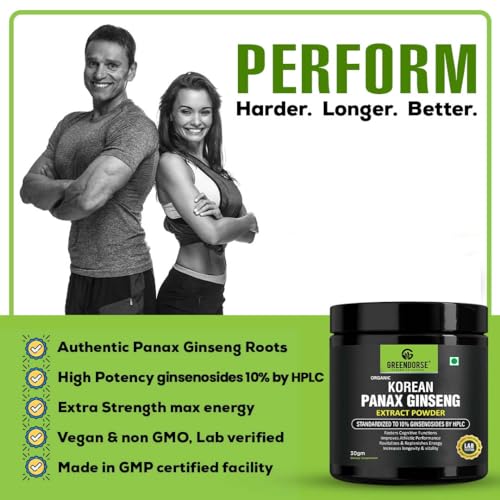 Image of GREENDORSE Organic Korean Panax Ginseng Extract Powder |10% active Ginsenosides by HPLC | Lab tested| Immune & Cognitive support, Boosts Energy, Stamina, Vegan Friendly-30g
