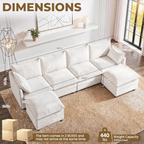 Image of LEVELEVE 146 inch U-Shape Modular Sofa with 2 Ottomans, Deep Seat Cloud Convertible Sleeper, 2 Arm Pillows, Comfortable Large Upholstered Furniture for Living Room Apartment, Beige
