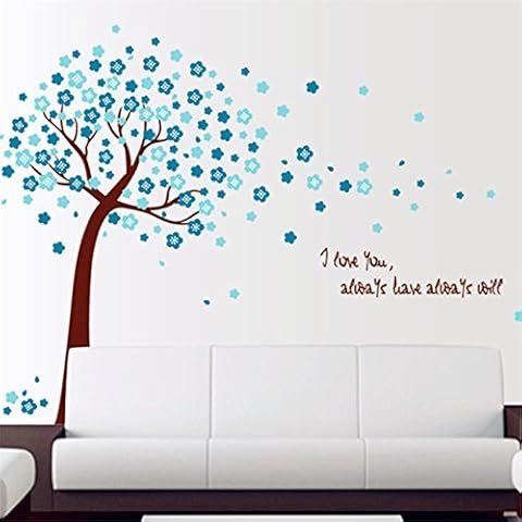 Romantic Cherry Peach Blossom Plum Flowers Tree Wall Stickers Mural Art Decals Vinyl Home Decoration DIY Removable Living Bedroom Décor Wallpaper Kids Room Gift, 2 Color, Pink, Blue (Blue) Cover