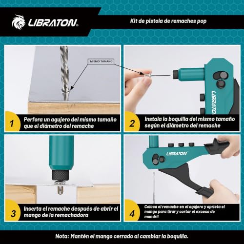 Miniatura 2 de Libraton Remachadora Manual Profesional, Remachadora Pop, Herramienta Para Remachar Manual, Pistola Remachado Resistente, Set De Remachadora Con 120 Remaches, 4 Brocas, 4 Boquillas Sin Herramientas