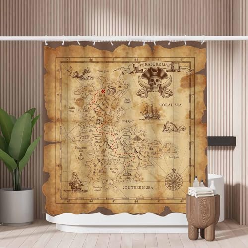 Woutay Shower Curtain Mould Proof Resistant Pirate Treasure Map,Water Repellant Fabric,Polyester,with 12 Plastic Hooks