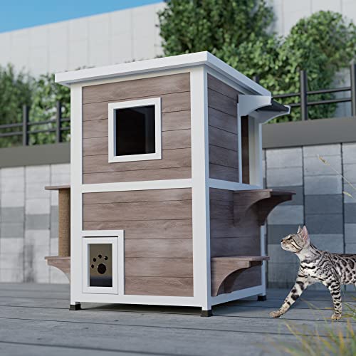 Wishive Outdoor Cat House With Cat Scratching Post, Weatherproof Feral Cat Shelter Outdoor With Escape Door, Wooden Outside Cat Condos For One Or Two Cats, Grey-Brown #TOP7
