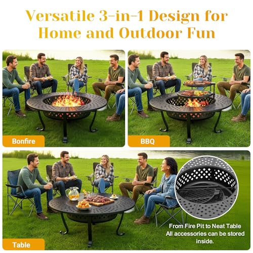 Image of 8 Pieces Outdoor Conversation Sets, Aluminum PatioCouch with Metal Fire Pit Table, All-Weather PatioCouch with 5 inch Thick Cushion, 43'' Firepit Outside Wood Burning with Adjustable 2 Grills, Light Gray