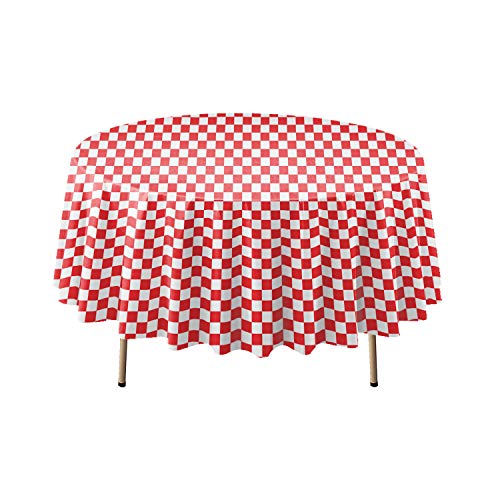 Party Essentials Disposable Heavy Duty 84" Round Plastic Table Cover/ Tablecloth, 3-Count, Red Checker