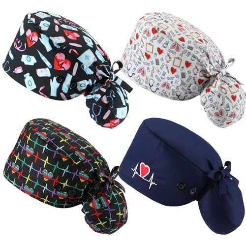 Image of Unittype 4 Pcs Nurse Caps for Women Nursing Working Caps with Button and Sweatband Adjustable Elastic Scrub Hats for Dentist