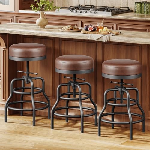 Image of Raynesys 22-29 Inch Adjustable Height Industrial Swivel Bar Stools Set of 3 | Vintage Bar Counter Height Stool with Thicken Premium Bonded Leather Seat & Updated Footrest, Easy Assembly, Brown