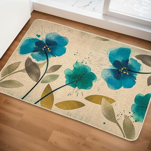 Yellow Weaves 2 Pcs Jute Texture Non-Slip Bathmat, Water Absorbent Floor mat, Rugs, Door Mats for Bathroom, Living Room, Bedroom, Entrance, Outdoor, Kitchen, Office (Teal Blue Floral)