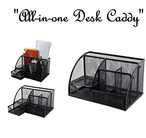 Mesh Desk Organizer 6 Slots With 2 Pen Holders And Pull Out Drawer, Mini Shelf To Keep Your Sticky Notes Or Small Pad, Perfect Size Caddy For All Your Supplies. By Mega Stationers #TOP4