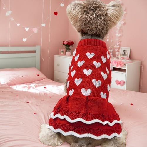 Winmany Valentinstags-Hundepullover für kleine und mittelgroße Katzen, Hunde, rot-rosa Herzkleid, Haustier-Winter-Rollkragenpullover, Strickwaren (Rot, M)
