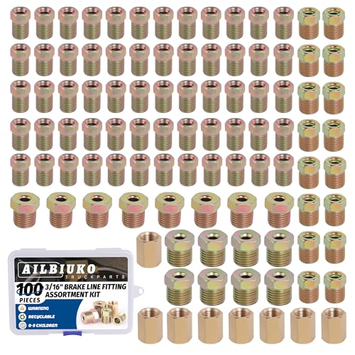 Ailbiuko 100Pcs 3/16 Brake Line Fittings Assortment Kit 3/8 Inch-24 Threads Nuts and Unions 7/16 Inch-24 Thread 1/2 Inch-20 Thread 9/16 Inch-18 Thread Nut
