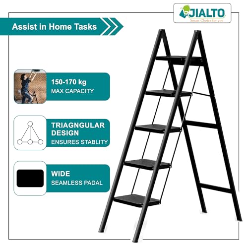 Image of JIALTO 5 Step Metal Ladder for Home, Foldable Lightweight Stepping Stool with Wide Pedals, Anti Slip Heavy Duty 200 Kg Capacity, Portable Ladder for Kitchen, Office, Library (Matte Black)