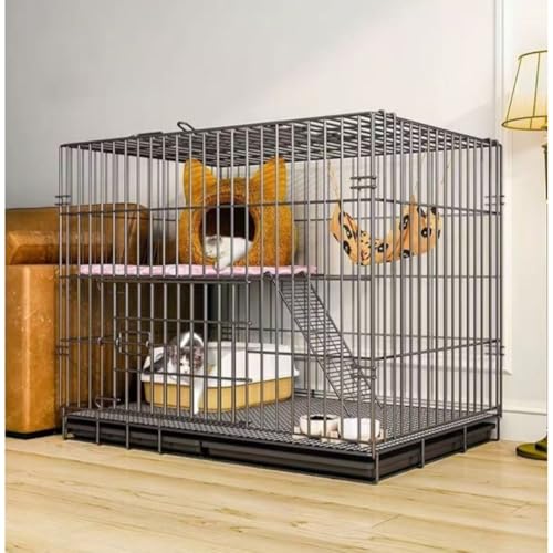 olkljdg「猫ケージ 家庭用室内 ネコ用 超大自由空間 折りたたみ可能 トイレ一体型 猫用ハウス 省スペース ネコ飼育用ヴィラ」 (ブラック(トレイ+ハンモック+フットパッド+食器+猫じゃらし),85*60*70m)