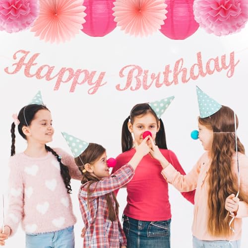 Image of Hot Pink Birthday Party-Decorations Paper-Flowers - 14pcs Happy Banner Girl Lanterns Tissue Pom Poms,Women Streamers Garland Fans,21st 18th Princess Baby Sweet 16 Pretty Hanging Supplies Decor Hugfond