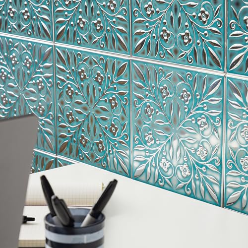 Wall Wear 10-Pack Peel and Stick Metal Tiles – 8" x 8" Teal and Silver Leaves, Water-Resistant Aluminum, Renter-Friendly Backsplash for Kitchen, Bathroom, Ceiling & DIY Projects