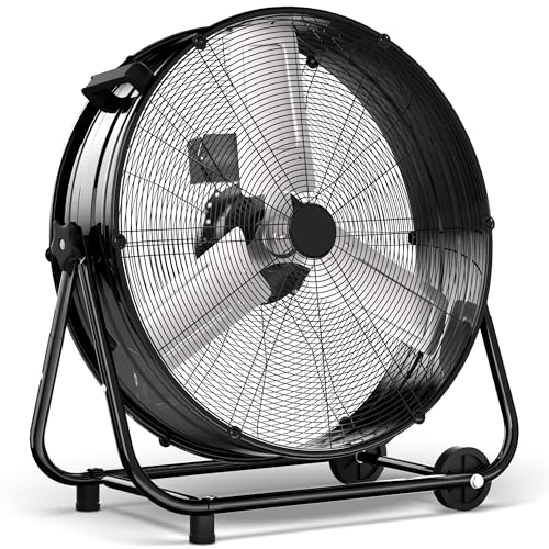 Uthfy 24 Inch Heavy Duty Industrial Drum Fan, 320W High Velocity Floor Fan with 3 Speeds, 360° Tilt Metal Garage Fan for Warehouse, Commercial, Workshop, Factory and Basement, Black