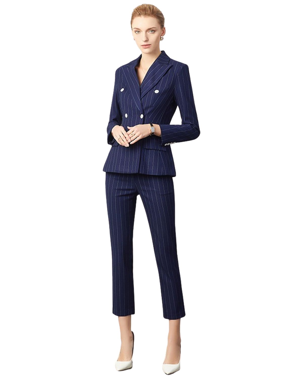 Womens Stripe Double Breasted Buttons Suit Set Business Long Sleeves Jacket and Pants for Banquet Speech