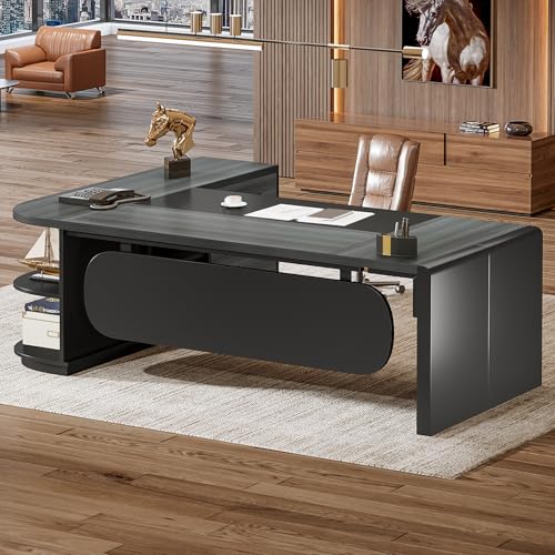 Image of Tribesigns 80'' L-Shaped Desk, Large Executive Office Desk with 55'' Drawers Cabinet, Modern Commercial Office Table with Storage Shelves, Business Furniture for Home Office, Grey & Black
