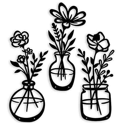 3 Pieces Black Metal Flowers Wall Decor Metal Vase Wall Art Metal Wall Sculptures Hanging for Indoor Kitchen Bathroom Bedroom living room,14.56×5.9 inches