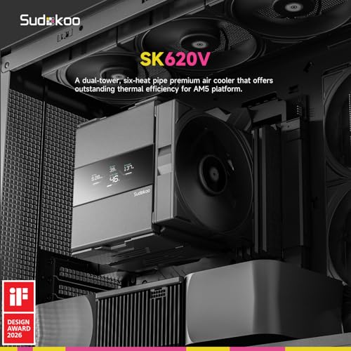 Image of SK620V CPU Air Cooler: 6 Heatpipes Dual Tower CPU Cooler with Digital Display for AM5 Exclusive - Black PC Cooler with 120mm FDB PWM Quiet Fans & Quick Lock Mount