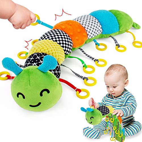 Baby Toys 6 To 12 Months,Montessori Toys For Babies 6-12 Months,Pull String Sensory Toys For 1 Year Old Boys Girls,Plush Caterpillar Learning Activity Toys Gifts With Rattle Crinkle Squeaker Textures #TOP27