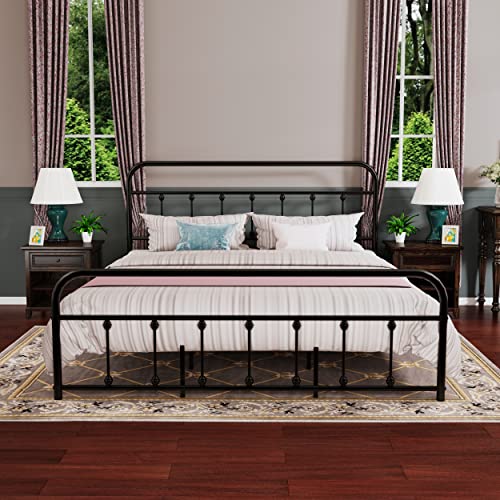Aufank California King Bed Frame Metal Victorian Vintage Style Headboard And Footboard No Box Spring Heavy Duty Steel Slat Mattress Foundation Black #TOP2