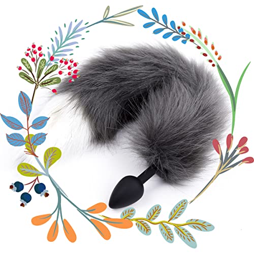 ENGOOL Silicone Apparel Accessories But-t Plug with Fox Wolf Plush Tail for Women Men Cosplay Dark Grey White