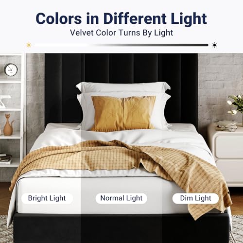 Image of Allewie Twin Bed Frame /Velvet Upholstered Bed Frame with Vertical Channel Tufted Headboard /Strong Wooden Slats /Platform Bed Frame /Mattress Foundation /Box Spring Optional /Easy Assembly /Black