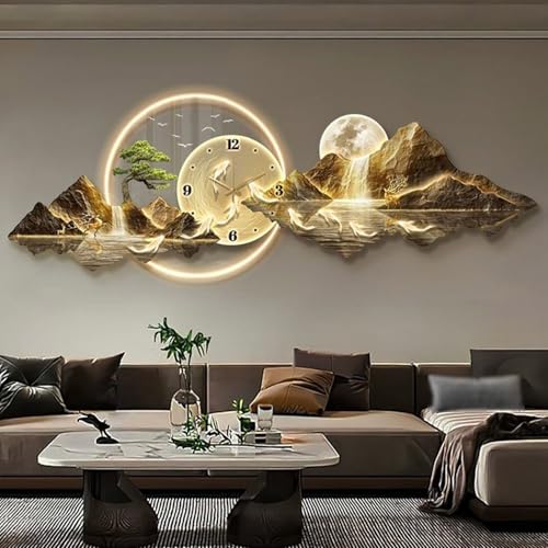 3d Art Wall Decor Wall Sculptures Hanging Landscape Painting,Modern Living Room Wall Art Decoration Lamp Wall clock, oriental Decor Traditional Chinese Feng Shui Welcoming Pine Wall Hanging Painting