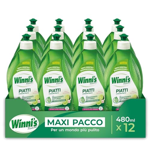 Winni's - Detersivo Piatti e Stoviglie a Mano, Lime e Fiori di Mela, Concentrato, Ipoallergenico, con Sgrassanti Naturali da Biofermentazione, Materie Prime di Origine Vegetale, 480 ml x 12 Confezioni