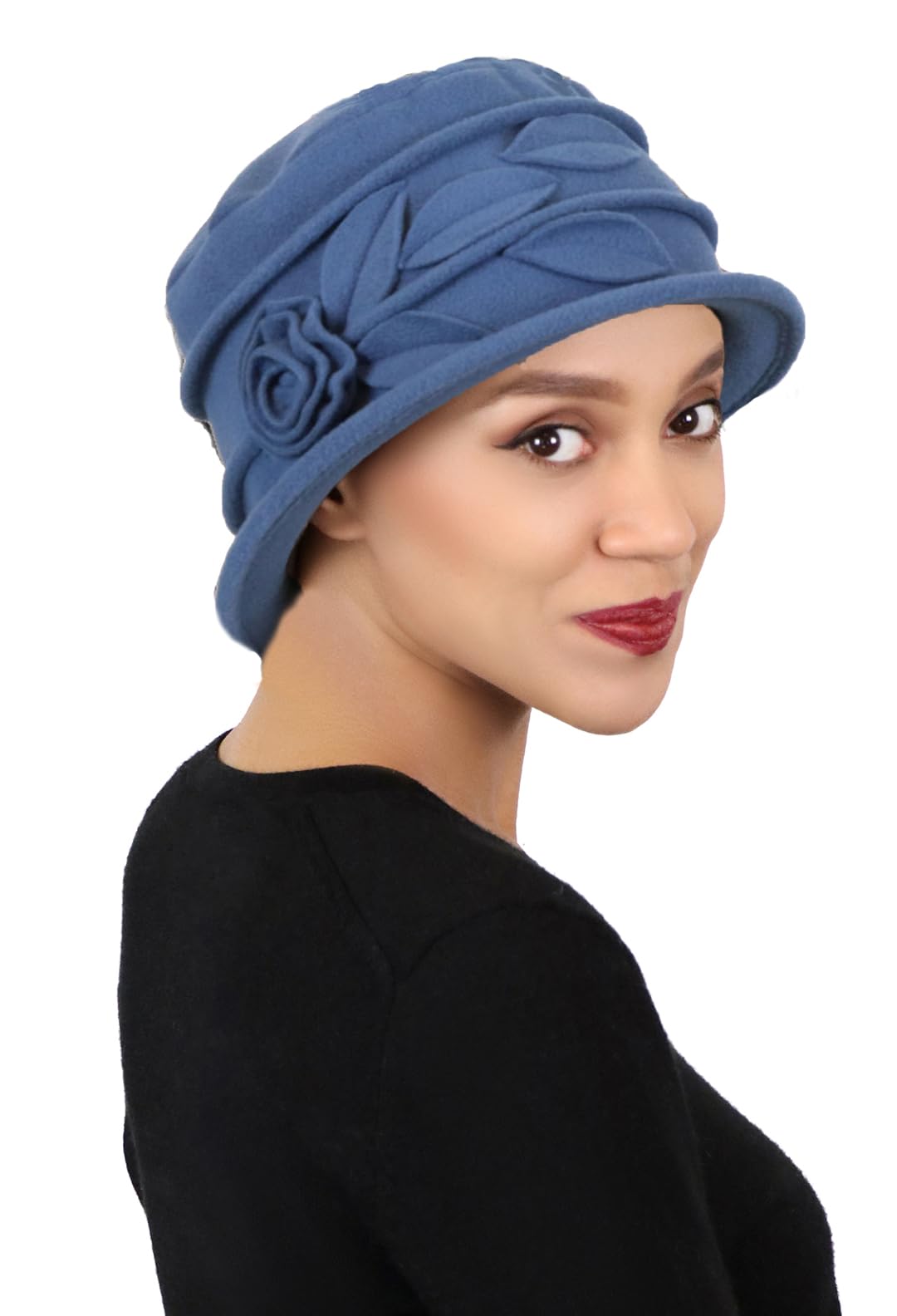 Fleece Hats for Women Cloche Cancer Headwear Chemo Ladies Winter Head Coverings Lady Rose (Blue Grey)