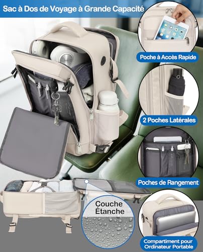 KLOSTAIN Sac à Dos Voyage Cabine Avion 45x36x20 pour Easyjet 30L Bagage Cabine Grande sous Siège Bagage à Main Homme Femme Sac à Dos pour Ordinateur Portable 15.6 Pouces Couleur Beige – Image 4
