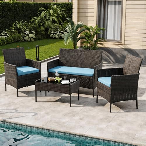 Image of GAOMON 4-Piece Patio Furniture Set, Modern PE Rattan Conversation Set with 2 Chairs, Loveseat & Tempered Glass Coffee Table, All-Weather Outdoor Seating for Garden, Porch, Balcony, Poolside