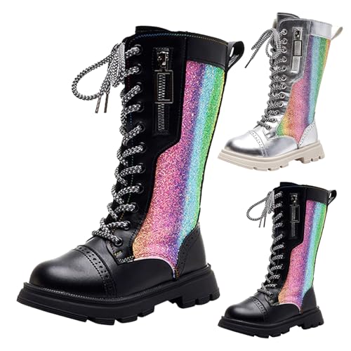 Girls Glitter Combat Boots Lace Up Riding Boots Knee High Side Zipper Mid Calf Shoes Sparkly Dress Boots for Toddler/Little Kid/Big Kid