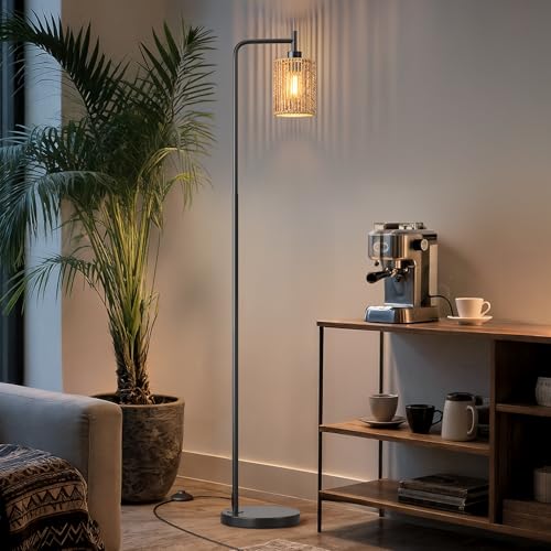 Image of Oneach 66 inch Black Floor Lamp for Living Room, Boho Floor Lamp with Remote Control and LED Bulb, Rattan Shade, Industrial Tall Farmhouse Standing Lamp for Bedroom, Dining Room, Study Room, Office