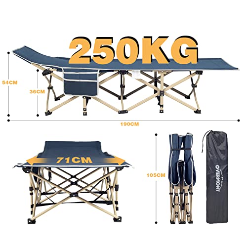 OVERMONT Feldbett Klappbar Campingbett 190 x 71 x 36 cm 250kg Belastbar 2400D Oxfordgewebe mit Seitentasche Tragetasche für Reisen Outdoor Indoor Garten Strand – Bild 3