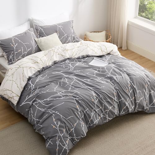 Bedsure Funda Nordica Cama 105/135 - Juego de Cama Reversible de Poliéster Oeko-Tex, Funda de Edredón 200x200 cm y 2 Almohada 50x75 cm, Nórdica con Cremallera, Ramitas Grises, Gris/Blanco