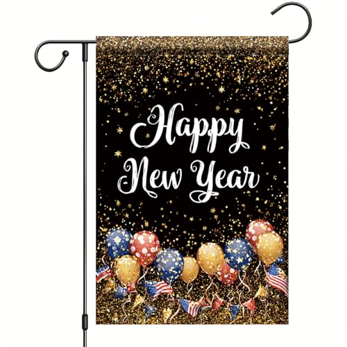 Saoplasa Happy New Year Garden Flag 12x18 Inch Gold Glitter Confetti with Balloons Black Background Happy New Year Outdoor Yard Porch Lawn Banner for Winter Patriotic Holiday Celebration Decor