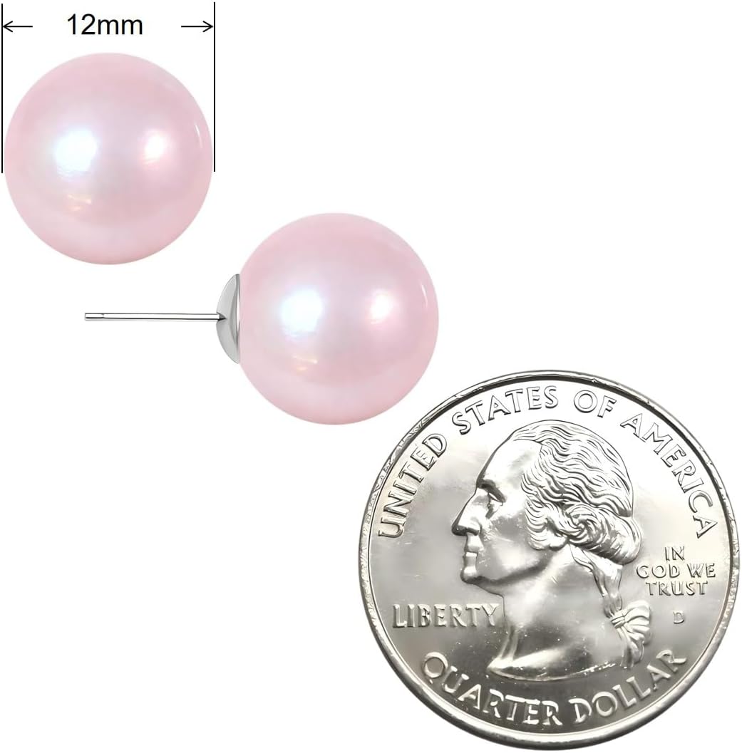 Light Pink Faux Pearl Stud Earrings, S925 Silver Posts Hypoallergenic for Women