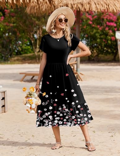 Image of Zeagoo Women Summer Midi A Line Dress Short Sleeve Casual Flowy Tiered Beach Long Sundress with Pockets 2026 Vacation Travel
