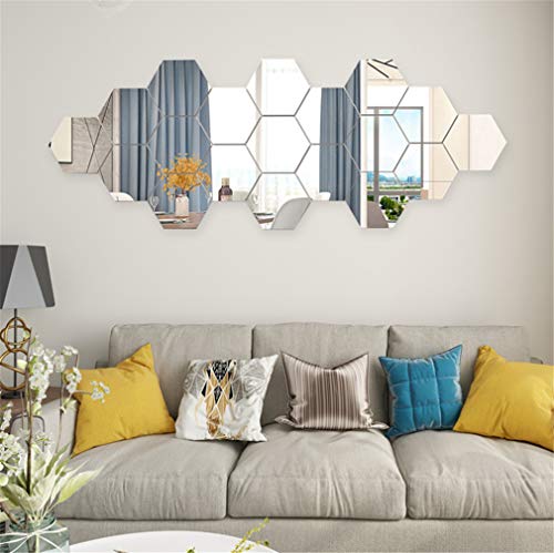 12PCS Mirror Wall Stickers 3D Hexagon Acrylic Mirror Wall Decor DIY Art Wall Sheet Plastic Removable Mirror Wall Sticker Tiles for Bathroom Bedroom Living Room TV Background Wall Decoration (Silver)