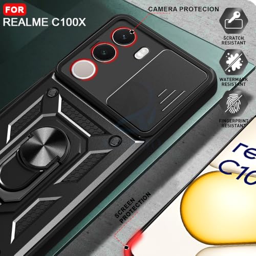 Image of AESTMO Tough Armor Realme C100X Bumper Back Case Cover | Ring Holder & Sliding Camera Shield Cover | 360 Degree Protection Back Case Cover for Realme C100X (Black)