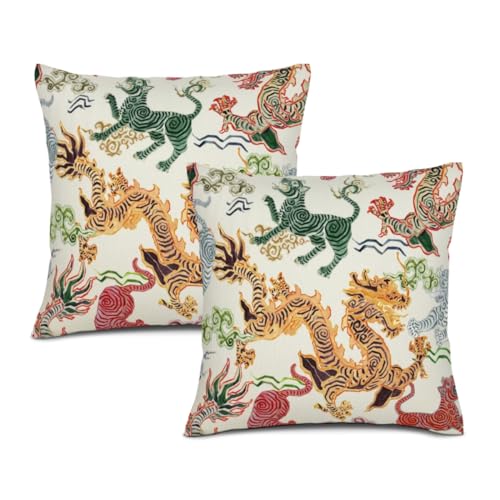 Texsource Lot de 2 housses de coussin décoratives en lin de style bohème pour canapé, lit, sofa, 45 x 45 cm, motif dragons asiatiques