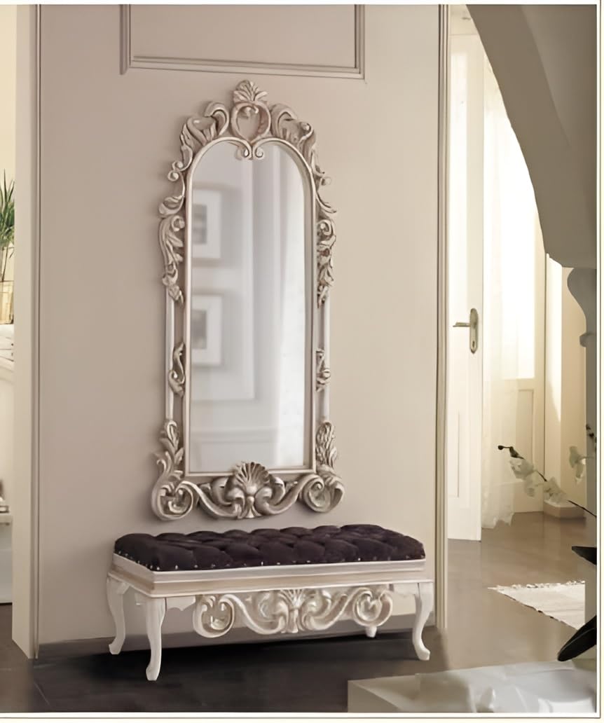 Wall Hanging Wooden Mirror Frame for Home Decor, Hand Carving Mirror Frame, Wall Frame, White and Gold Color 36x20 Inch Without Mirror-image-29